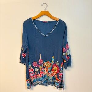 Johnny Was Blue Floral Embroidered V-Neck Women's Araxi tunic